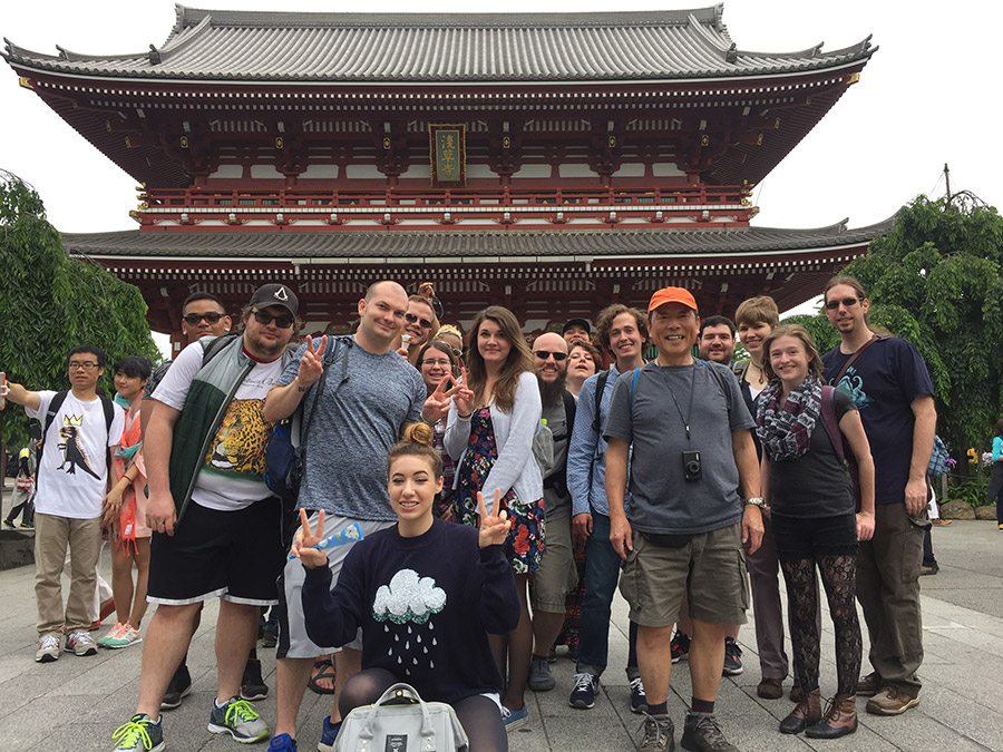 Students in front of Japanese temple.