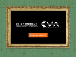 OTTENJOHNSON and Center for Visual Art logos in a gold frame on a Christmas-themed background.