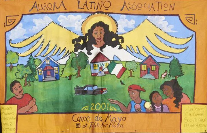 A drawing for the Aurora Latino Association with an angel overlooking a neighborhood