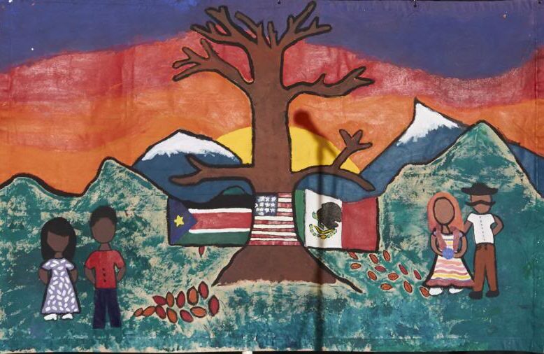 A drawing of with a Sudan, United States and Mexico flag overlapping a tree with two people on each side of the tree