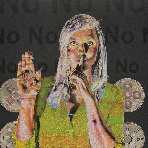 Woman with finger over lips and hand raised, against a background with the word 