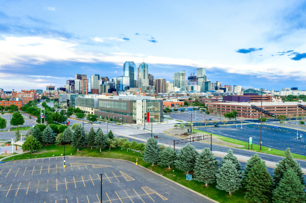 Wide image of auraria campus and downtown denver.