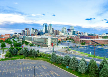 Wide image of auraria campus and downtown denver.