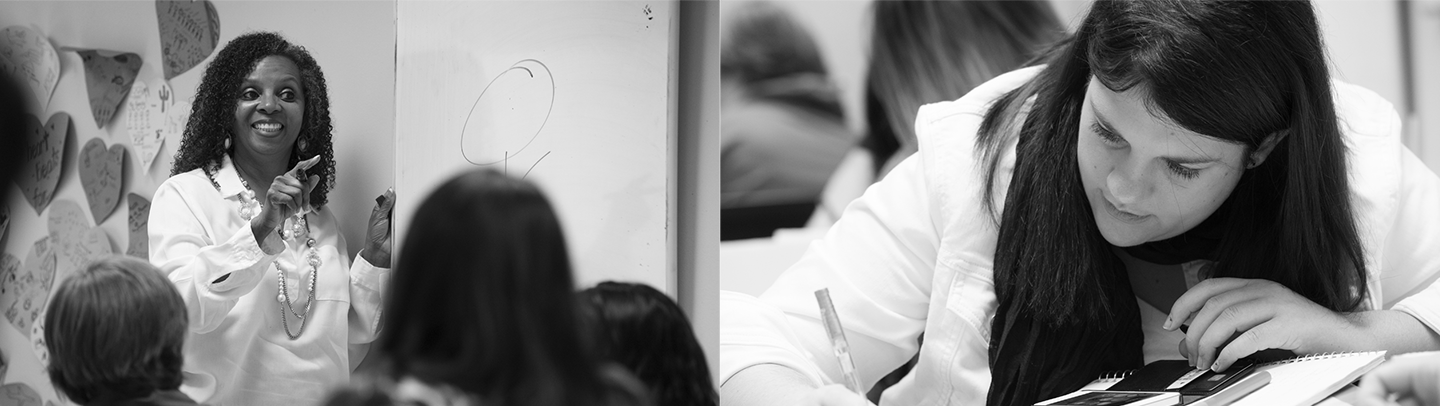 Black and white image with two photographs: one of an instructor teaching a class with a smile, and another of a college student sitting at a desk writing in a notebook.