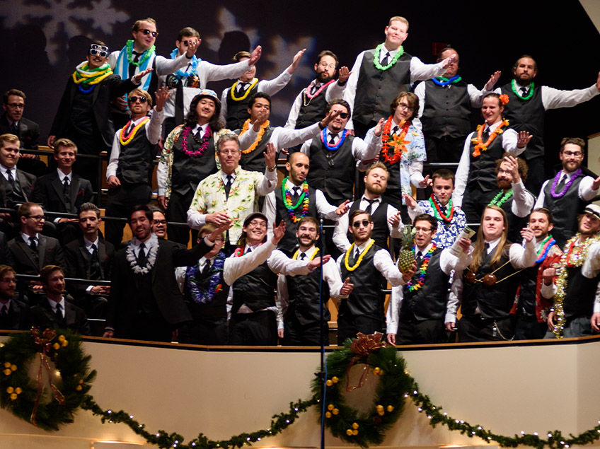 University Basso Choir performing with Hawaiian leis