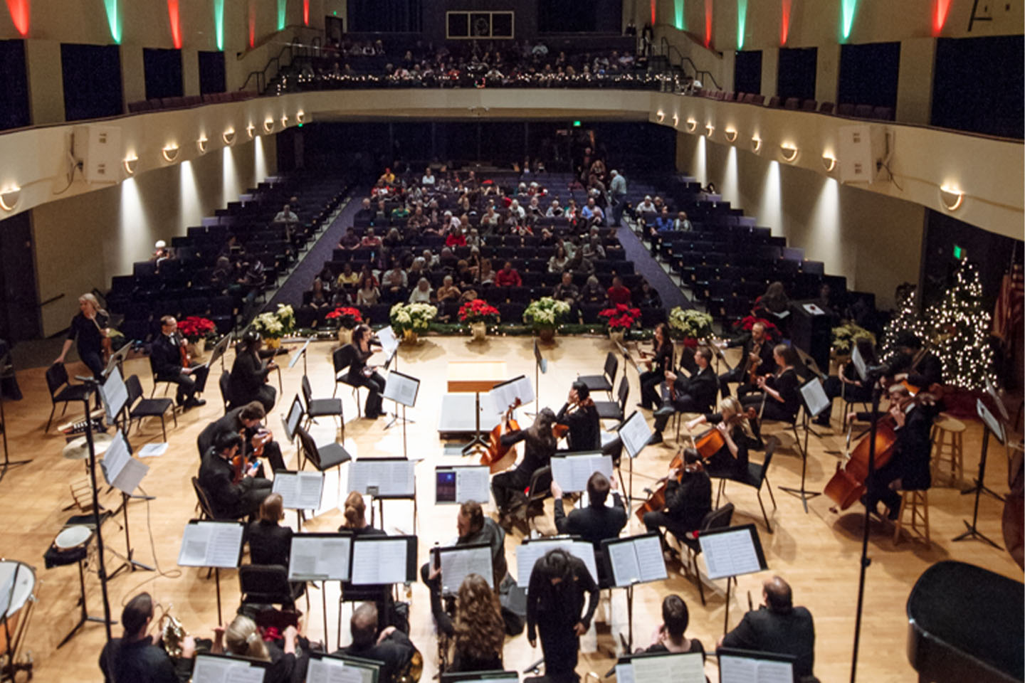 Concert stage with performers and audience