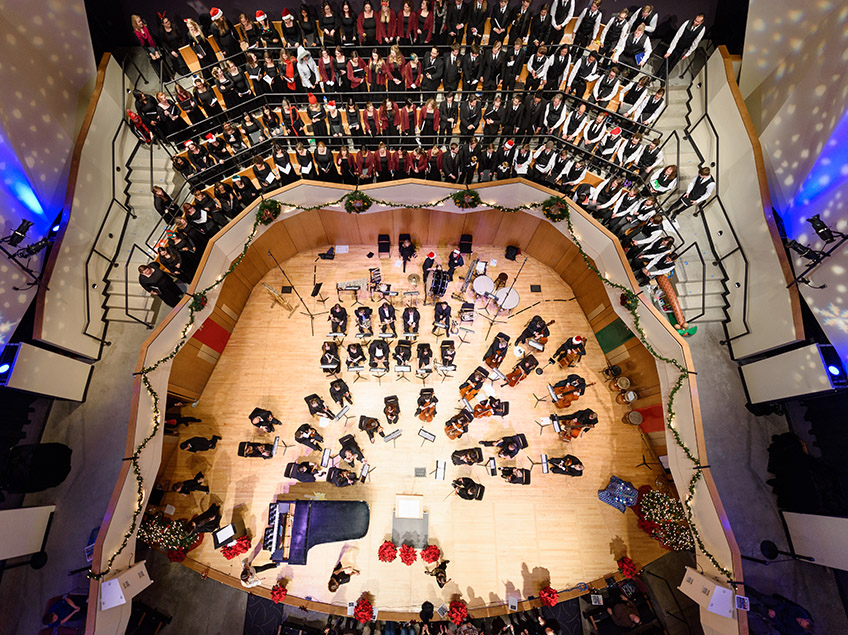 Overhead shot of MSU Denver Choir and Symphony performing in King Center Concert Hall
