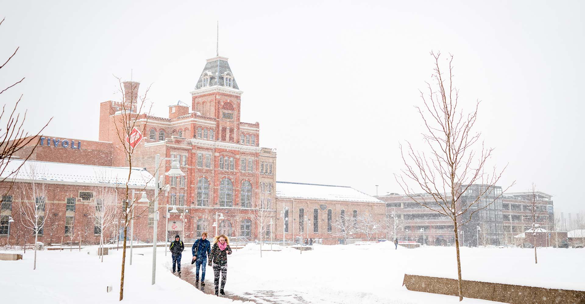 Tivoli Student Union on a snowy day on Auraria Campus.
