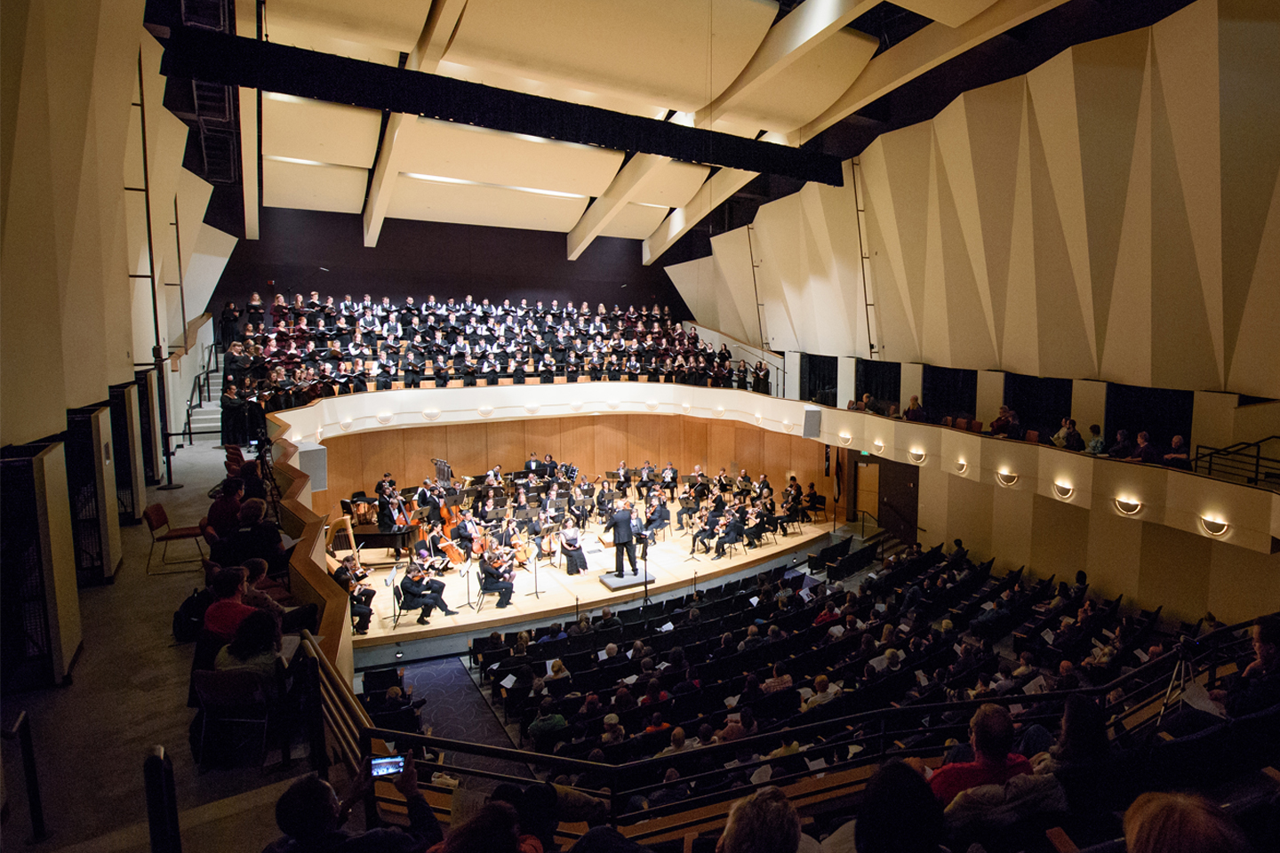 The King Center Concert Hall with orchestra and choir on stage