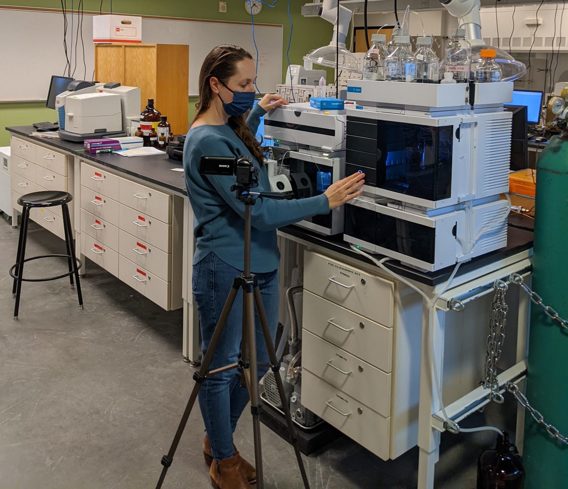 Dr. Alycia Palmer recording videos about the LC-MS in the chemistry department