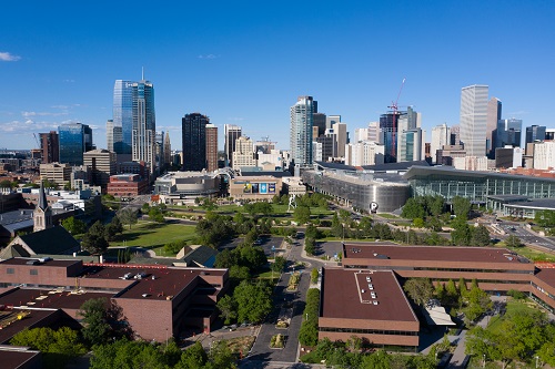 Aerial image of campus and downtown Denver.