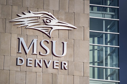 MSU Denver sign on the front of the Aerospace and Engineering Sciences building.