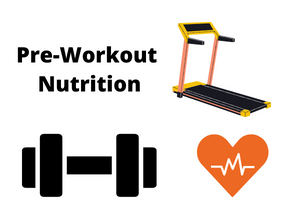 Pre-Workout Nutrition title. clipart of a treadmill, dumbbell and active heart
