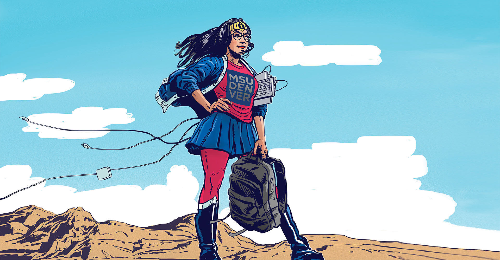 Cartoon image of female superhero holding backpack and keyboard