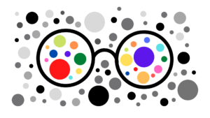 glasses with colored dots of various sizes inside the lenses and grey dots outside the lenses
