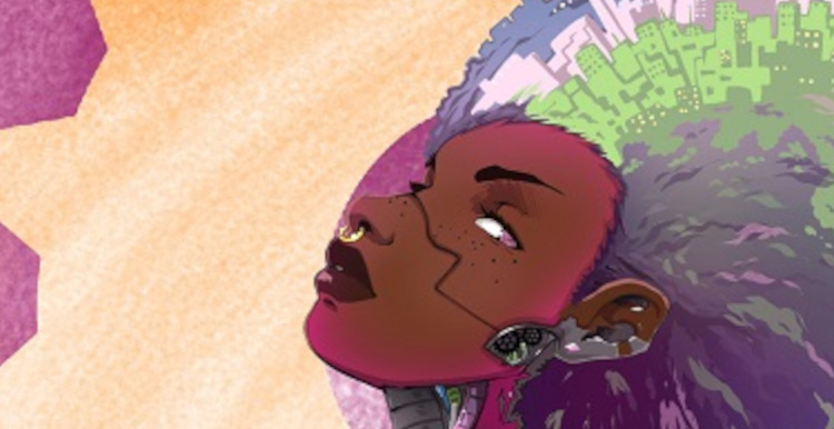 Afrofuturism style graphic of a black woman.