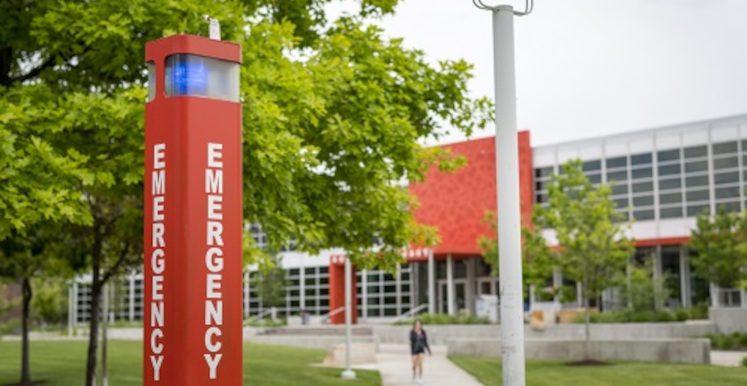 Auraria Library in background; emergency call box in foreground.