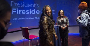 Rep. Leslie Herod and President Janine Davidson, Ph.D., speaking with students after Fireside Chat event on Feb. 1, 2022.