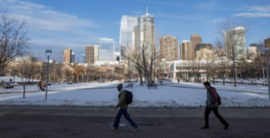 Students walking across Auraria Campus in winter.