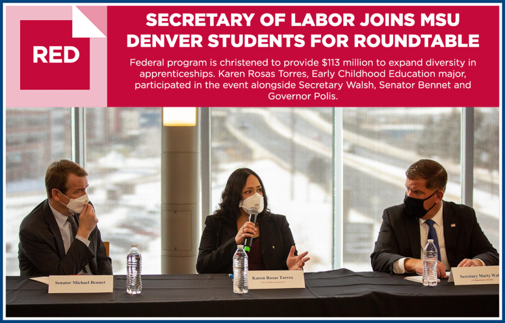 Graphic image with photo of ECE student Karen Rosas Torres speaking at a roundtable with Senator Bennet and Seccretary of Labor Marty Walsh.