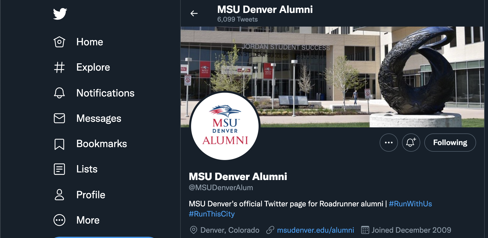 screenshot of msu denver alumni's twitter page