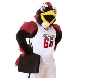 MSU Denver mascot Rowdy, holding a laptop case.