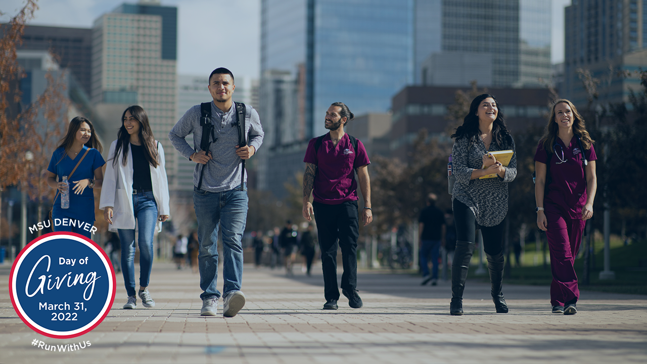 zoom background with several students walking through campus with downtown denver in the background