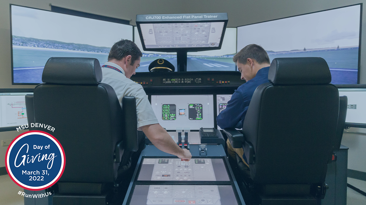 zoom background with two aviation students in a flight simulator