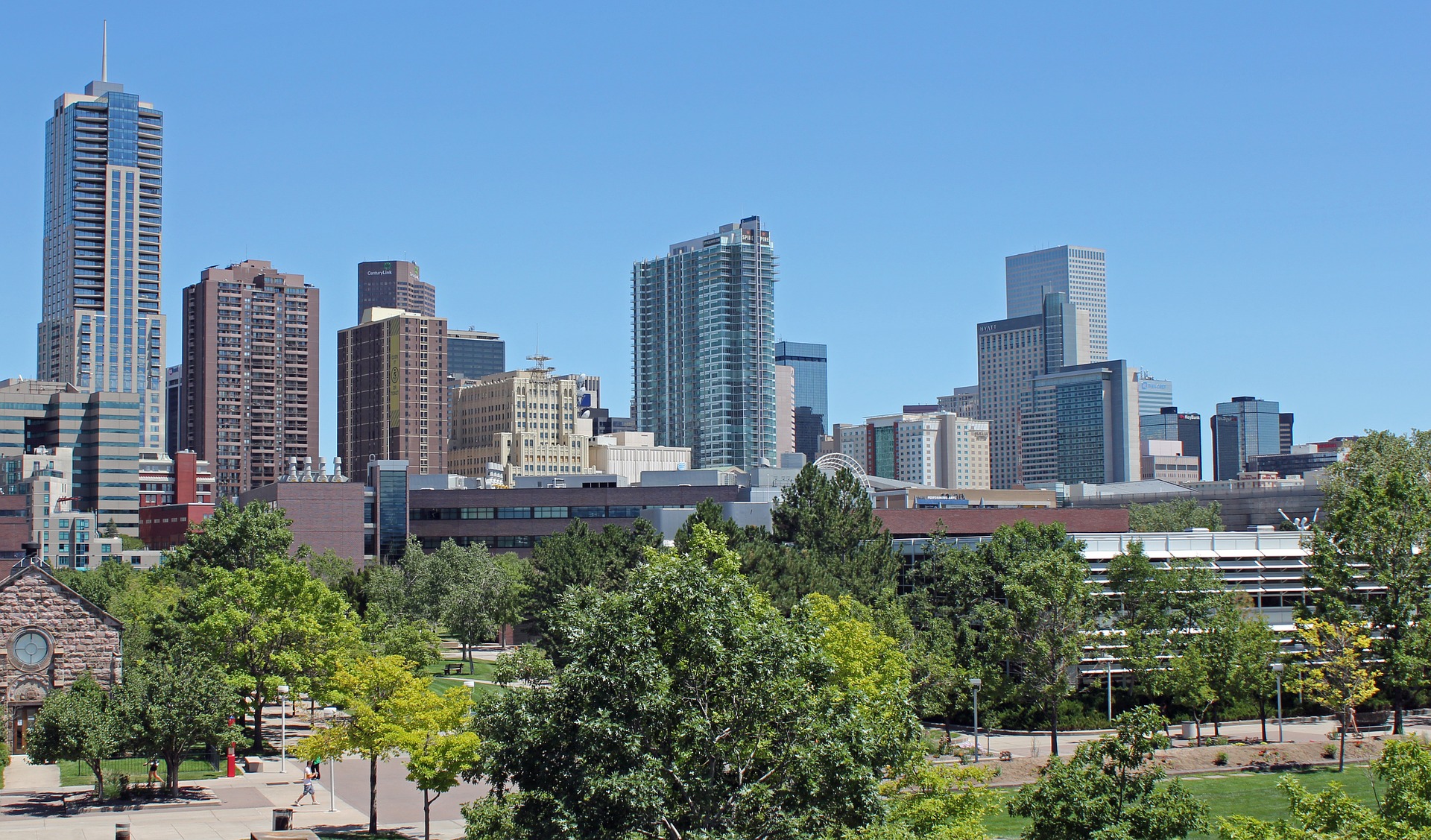 The view of downtown Denver from the Plaza building on the Auraria campus.