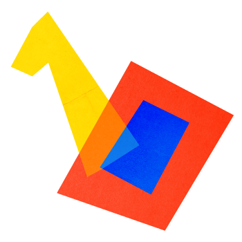 Abstract composition with overlapping red, blue, yellow, and orange shapes on a transparent background.