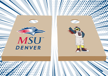 Two cornhole boards, one with an MSU Denver logo and the other with an image of Rowdy