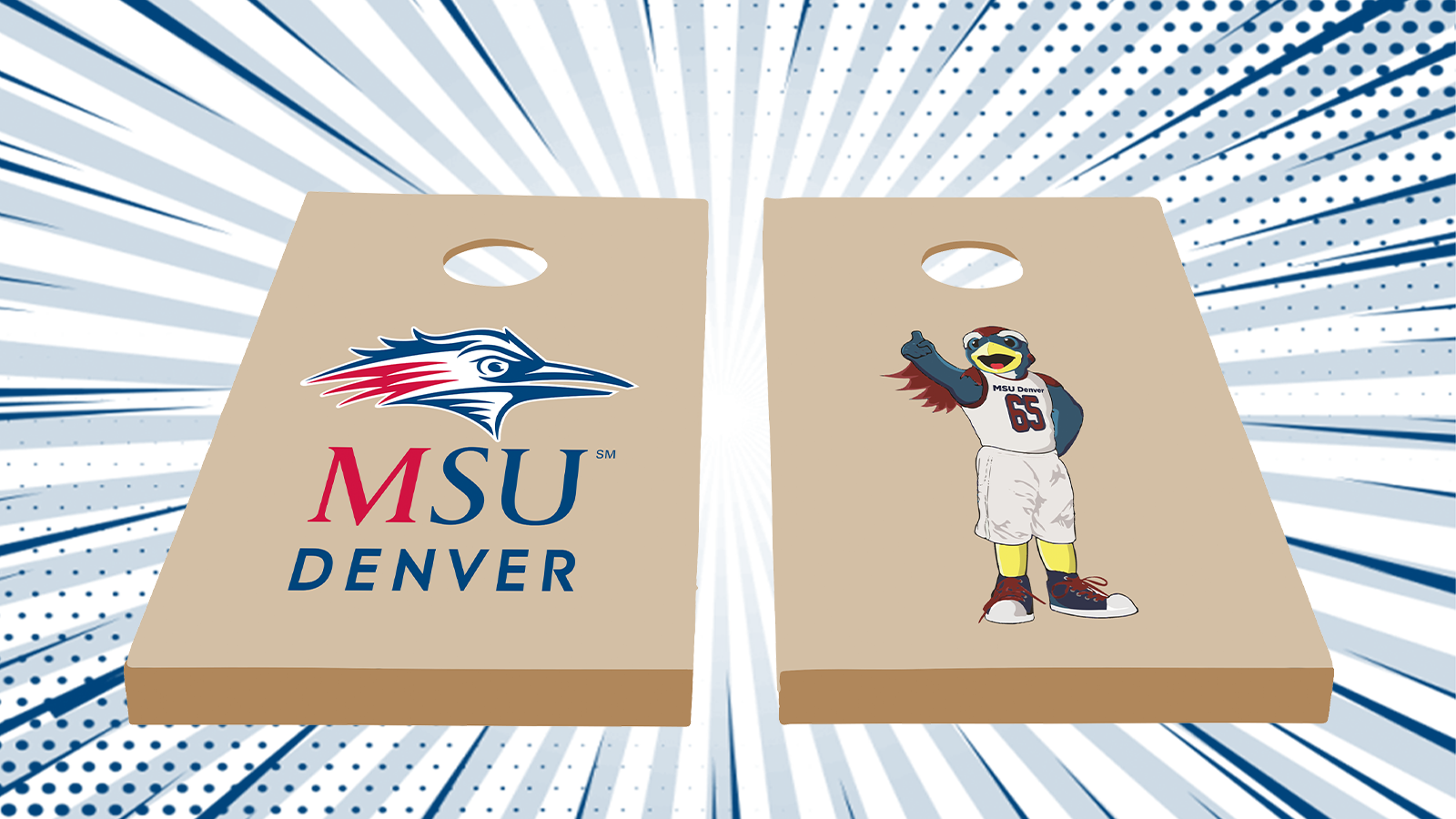 Two cornhole boards, one with an MSU Denver logo and the other with an image of Rowdy
