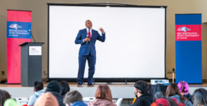 Calvin Mackie, Ph.D. speaking to an MSU Denver crowd.