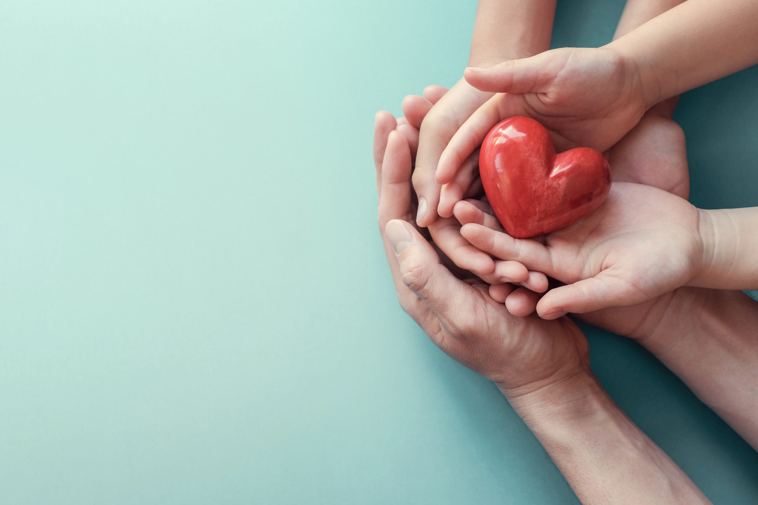 adult and child hands holding red heart on aqua background, heart health, donation, CSR concept, world heart day, world health day, family day