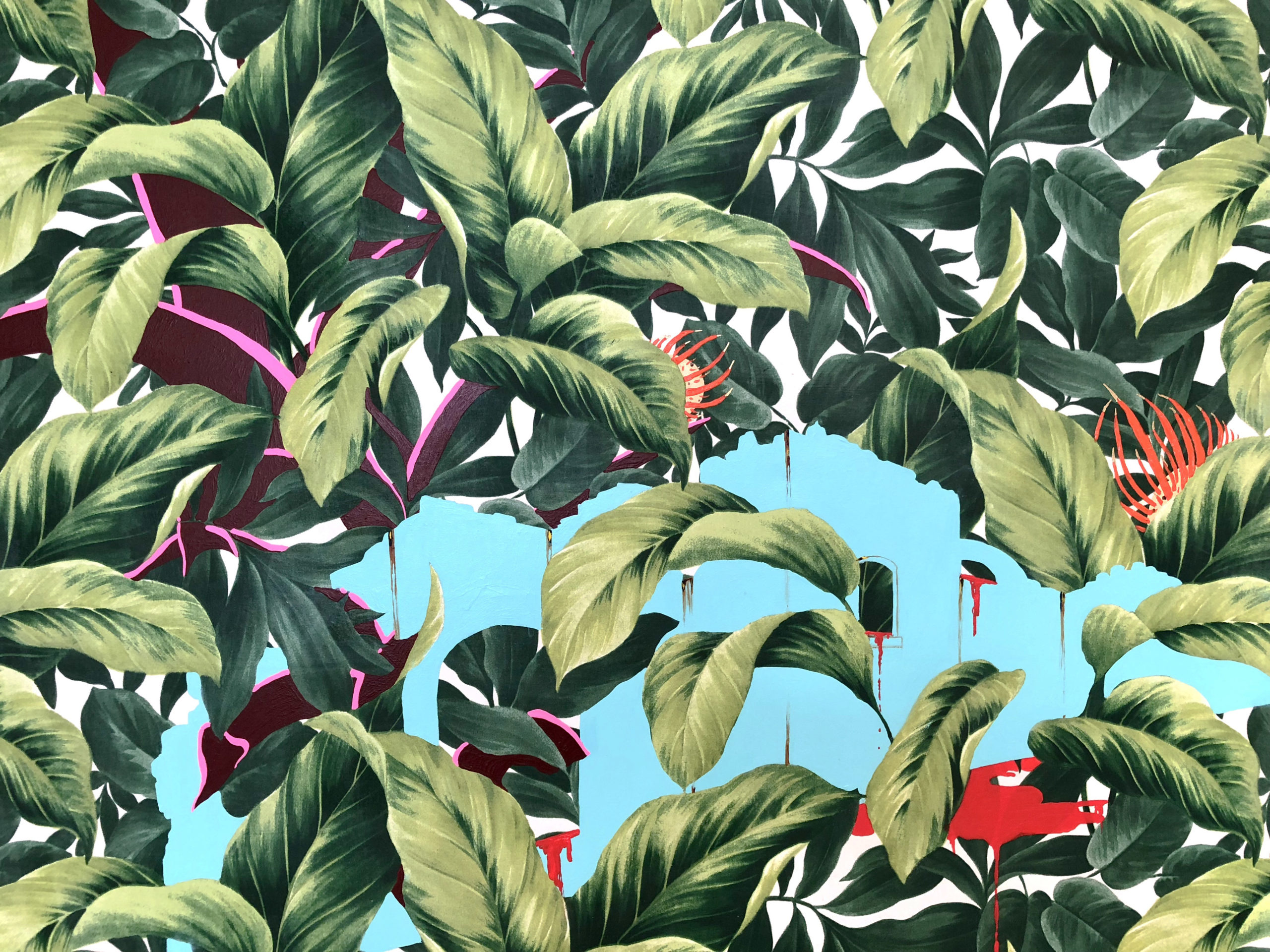A vibrant artwork with dense green tropical leaves, magenta accents, and a light blue background with red drips.