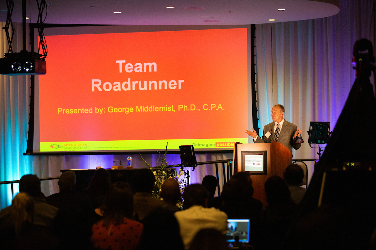 George Middlemist, Ph.D., announces Team Roadrunner Awards at the 2021 Roadrunner Who Soar Awards ceremony.