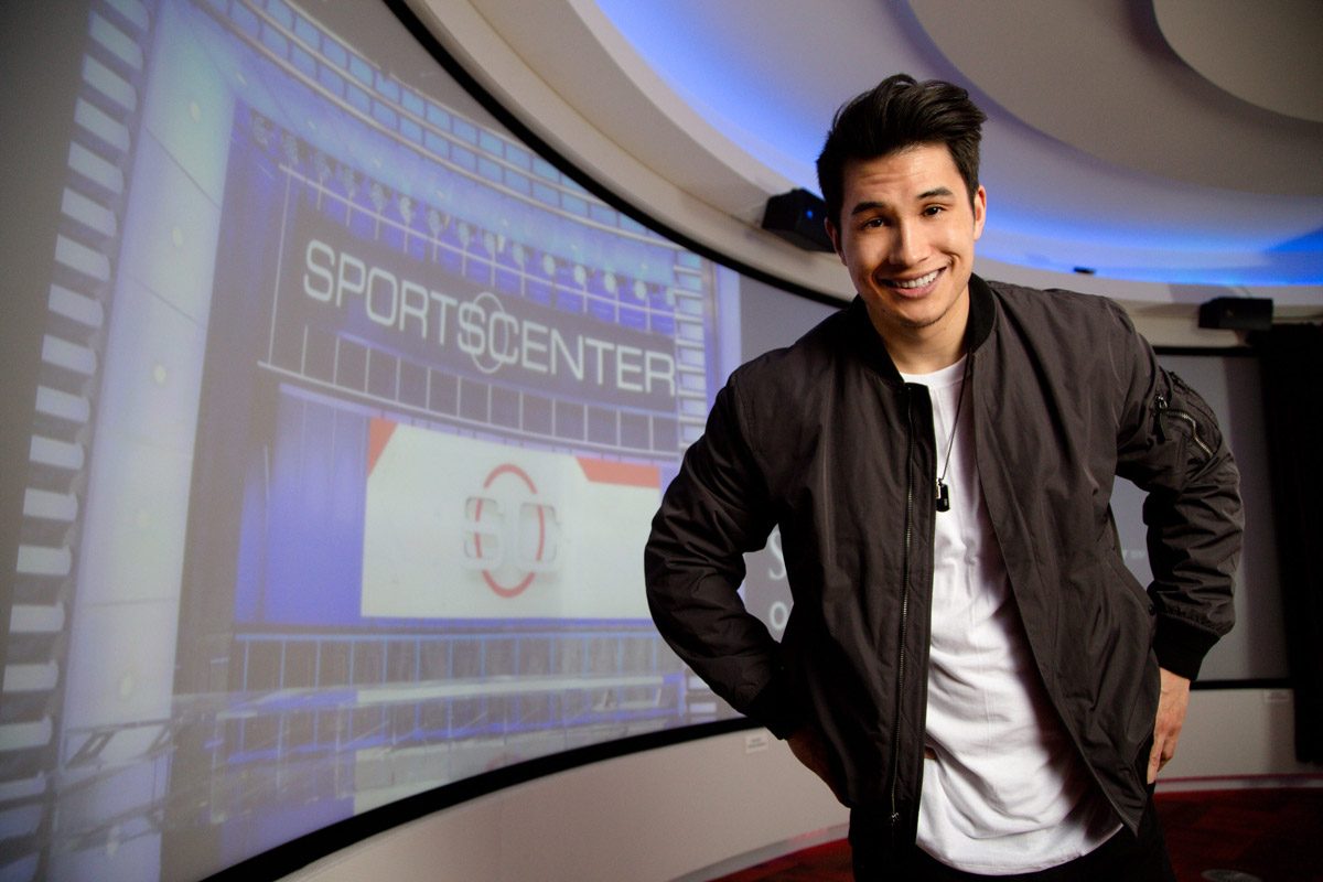 MSU Denver alumnus Gary Striewski standing on the SportsCenter set at ESPN.