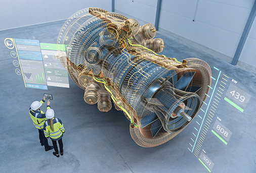 Two factory workers wearing augmented reality goggles working on a large motor (virtual reality).