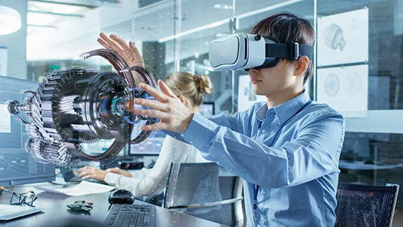 virtual reality image - man working with virtual reality goggles en español: imagen de realidad virtual - hombre trabajando con gafas de realidad virtual