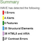 Example of WAVE assessment summary. Items listed: errors, alerts, features, structural elements, HTML5 and ARIA, contrast errors. 