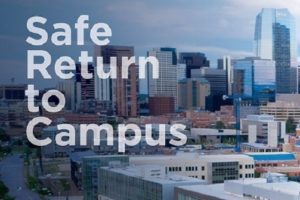 Safe Return to Campus text overlaid on campus image.