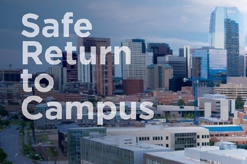 Safe Return to Campus text overlaid on campus image.