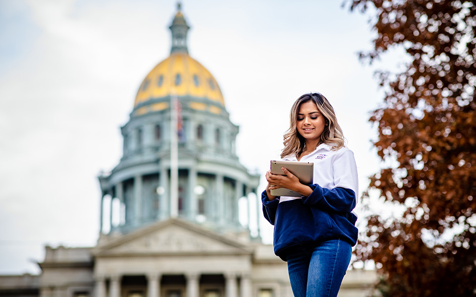Online Learning Student at Denver Capitol Building