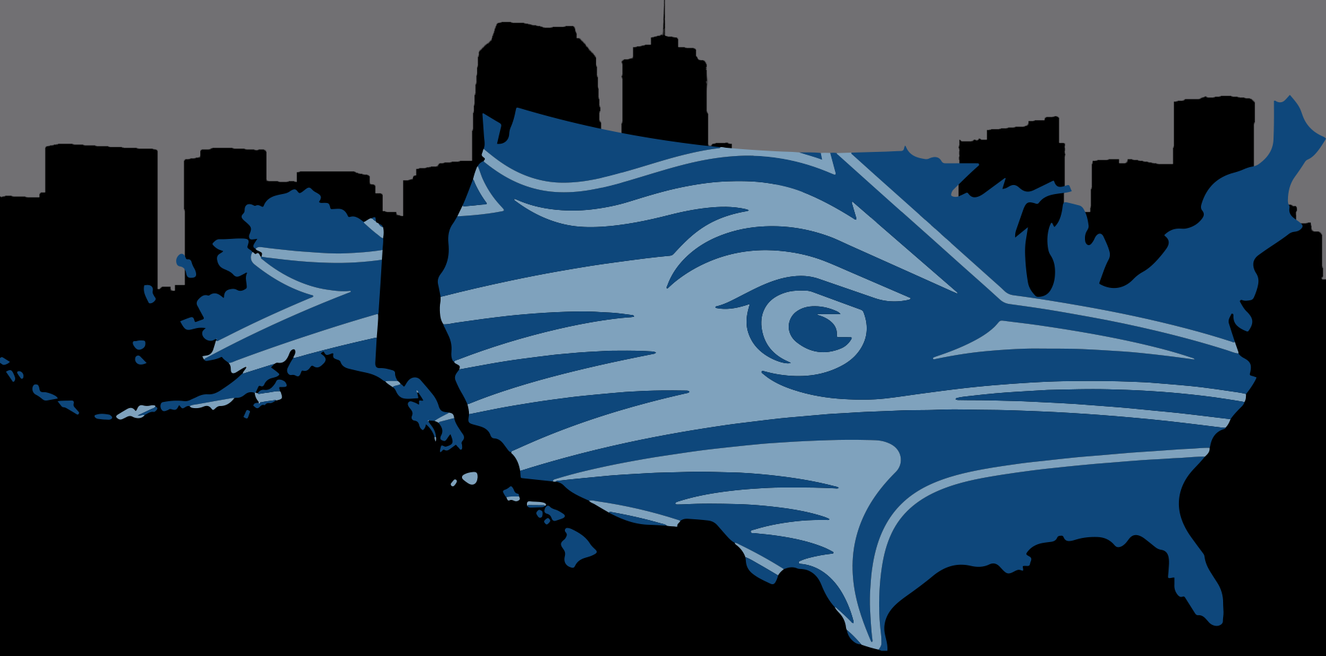 Geographical Alumni graphic with a birdhead over a map of the U.S. with the Denver skyline in the background