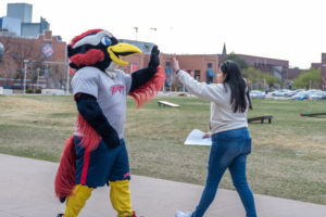 Rowdy high-fiving a student walking on Auraria campus.