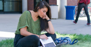Student sitting on grassy patch of campus working on laptop.