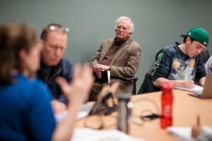 Former Sen. Gary Hart and MSU Denver students in classroom.