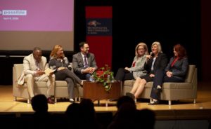 Provost Alfred Tatum and Deans Liz Hinde, John Masserini, Christian Hardigree, Ann Murphy and Hope Szypulski.