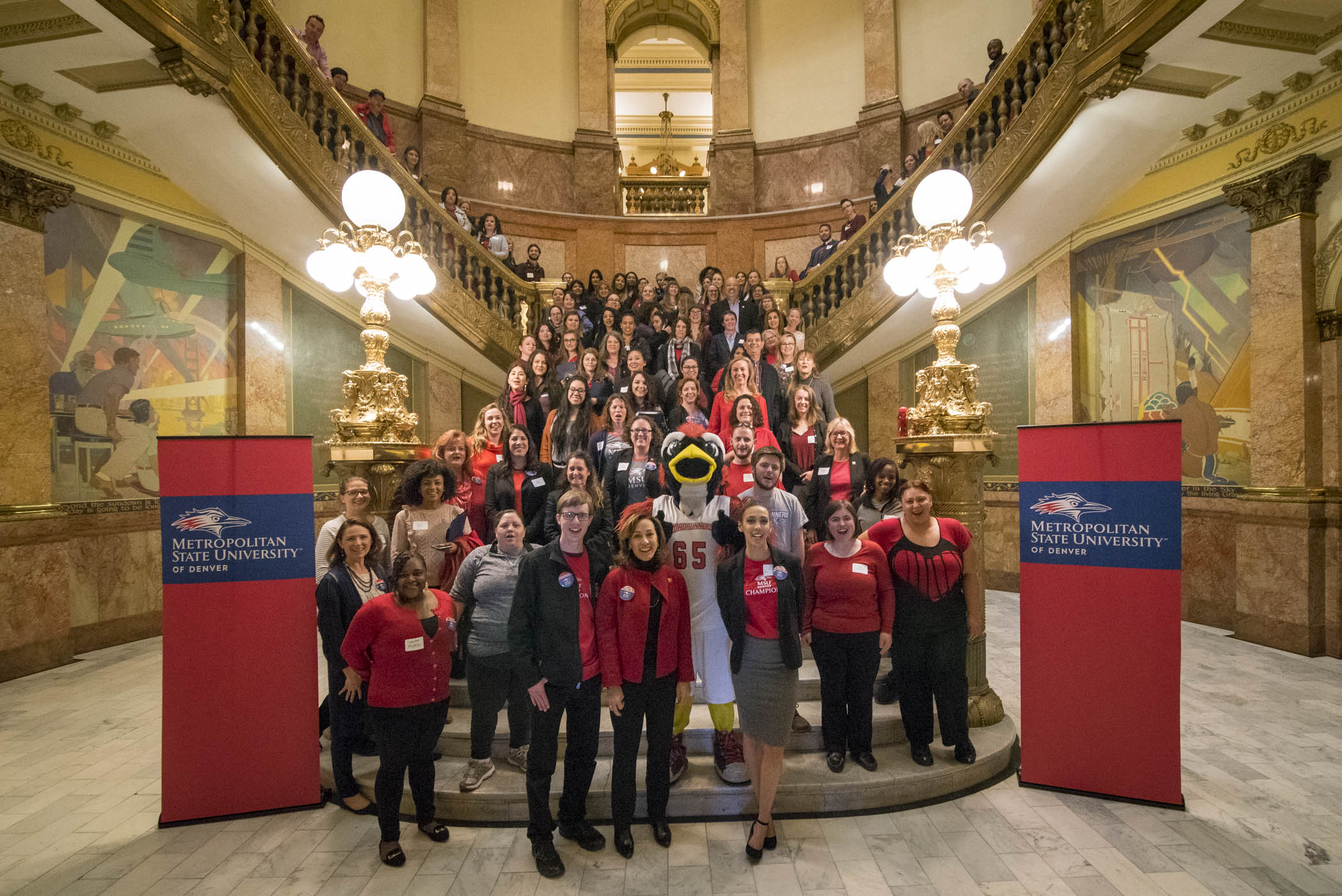 Legislative Day at the Colorado State Capitol. MSU Denver students standing on the steps inside the atrium.