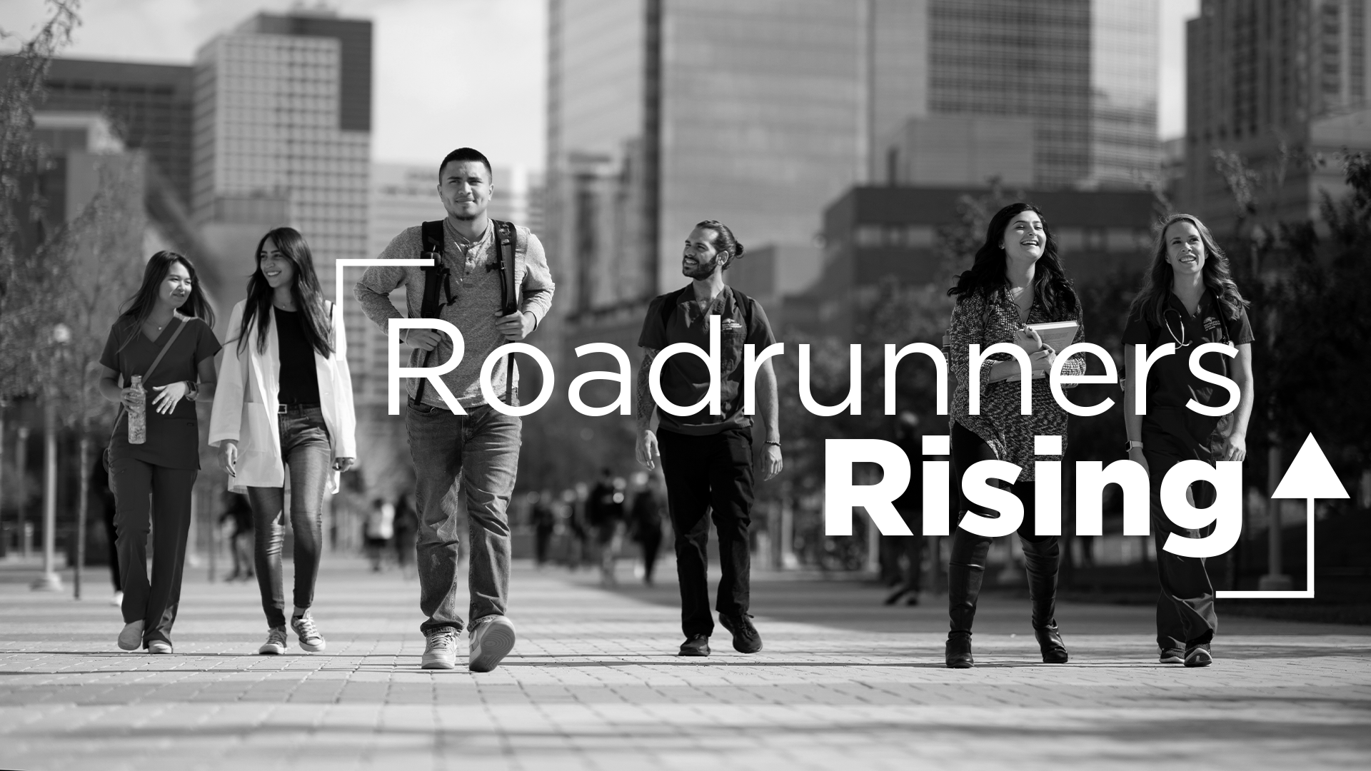 Roadrunners Rising logo with students walking on campus in the background.